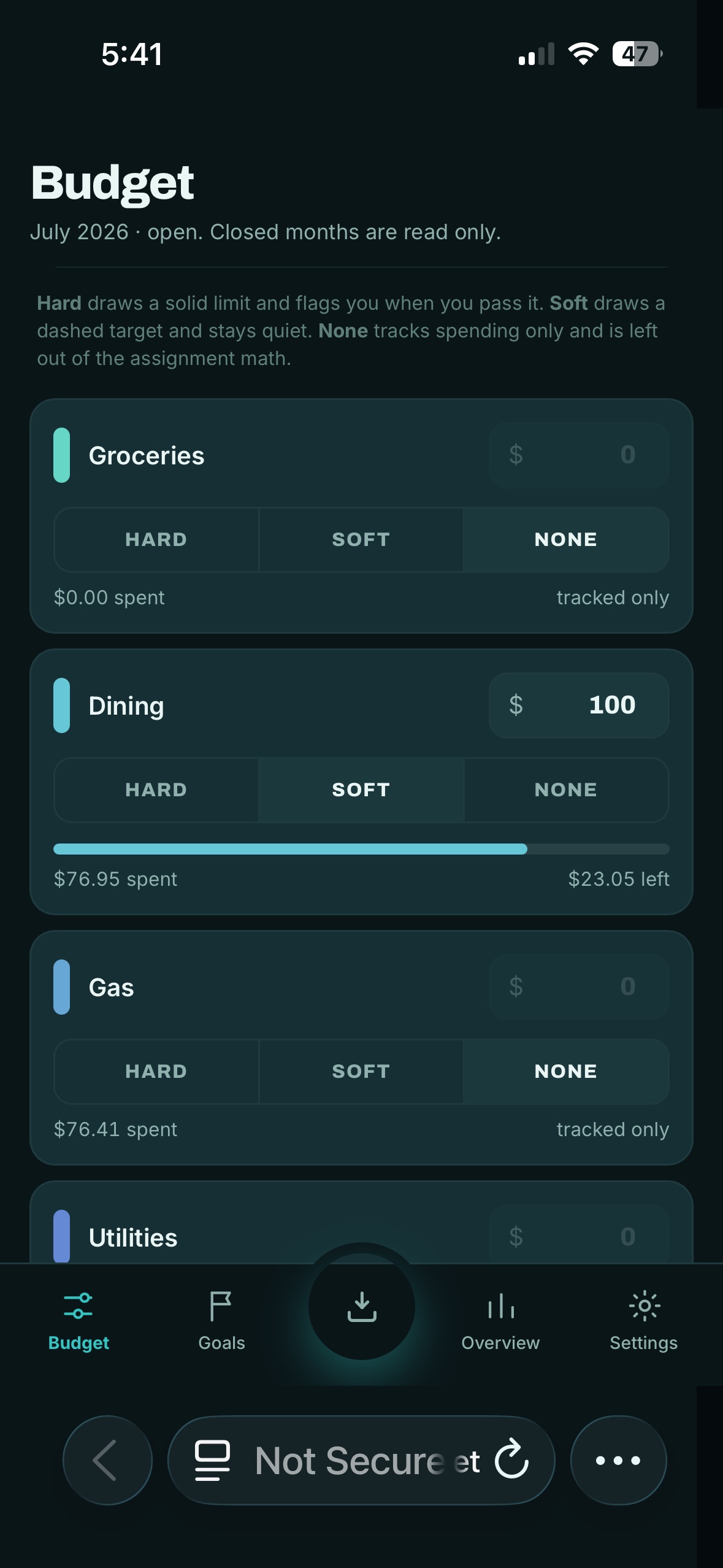 Budget screen — each category set to a Hard limit, a Soft target, or tracking-only None.