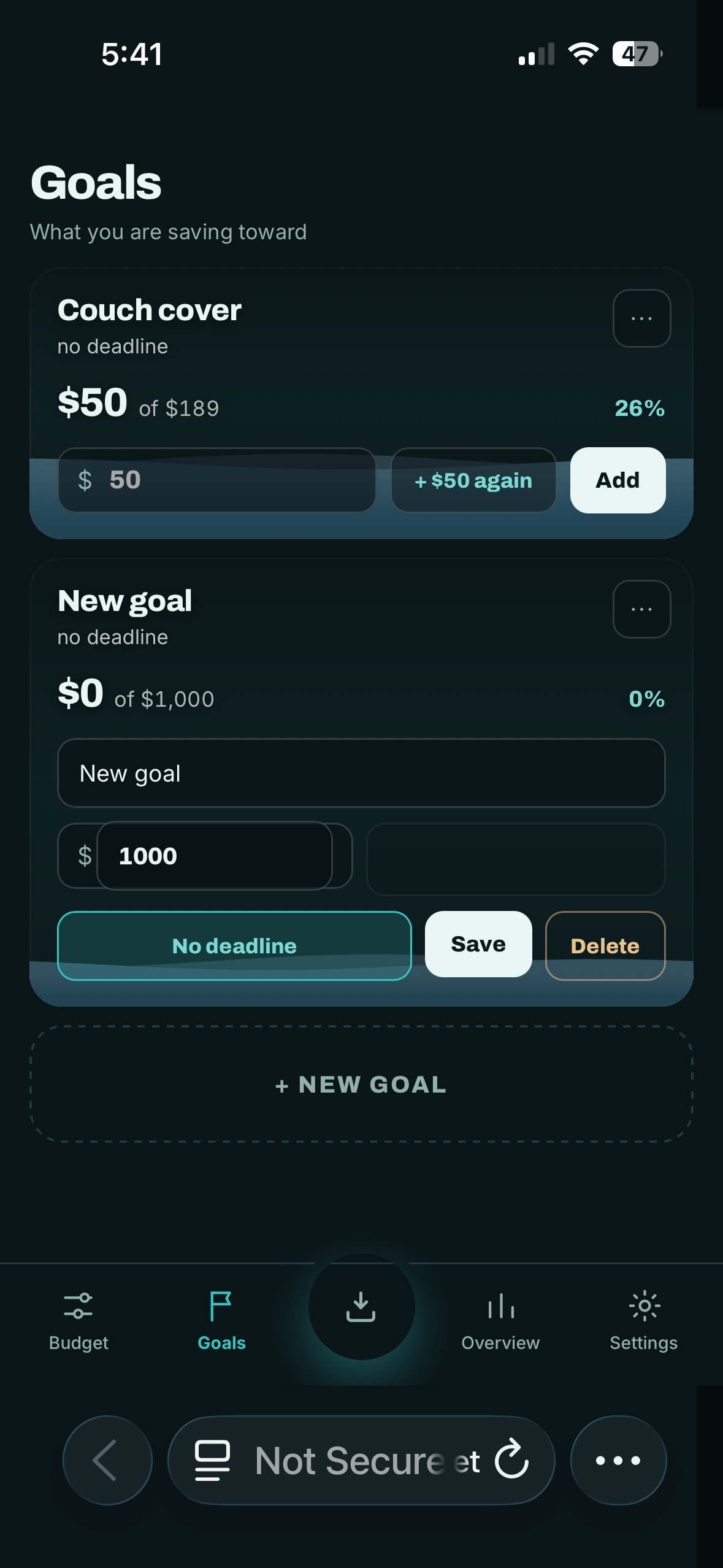 Goals screen — a savings goal showing progress toward its target.