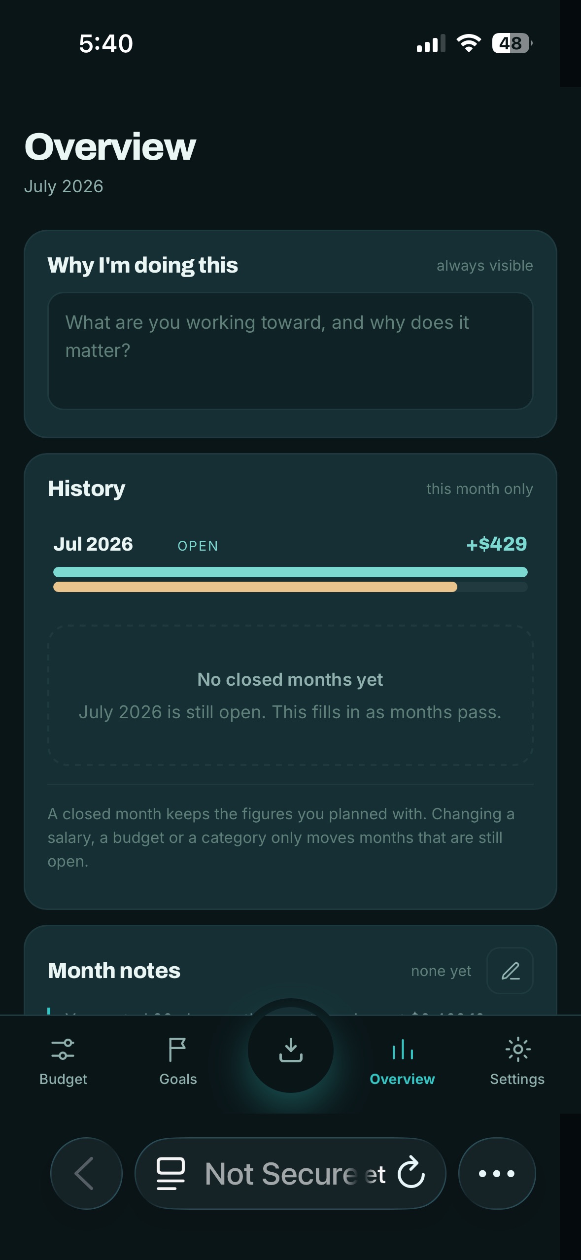 Overview — an honest history that shows the month is still open rather than inventing a total.
