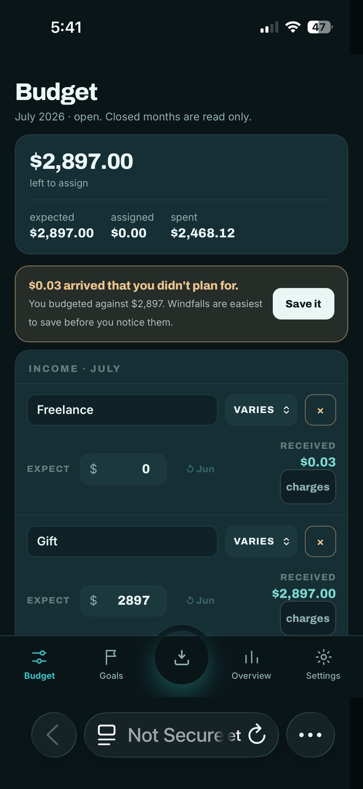 Budget screen — a small unplanned deposit surfaced as a windfall to save before you notice it.