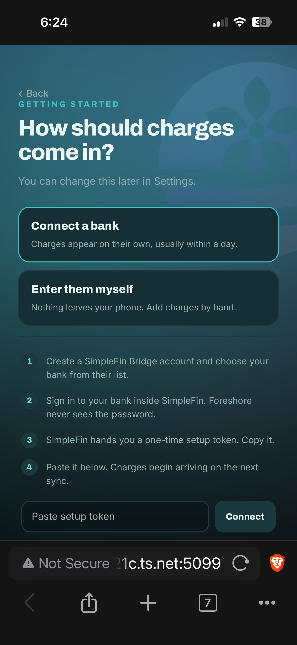 Onboarding — optional read-only bank connection via SimpleFin; the app never sees your password and can never move money.