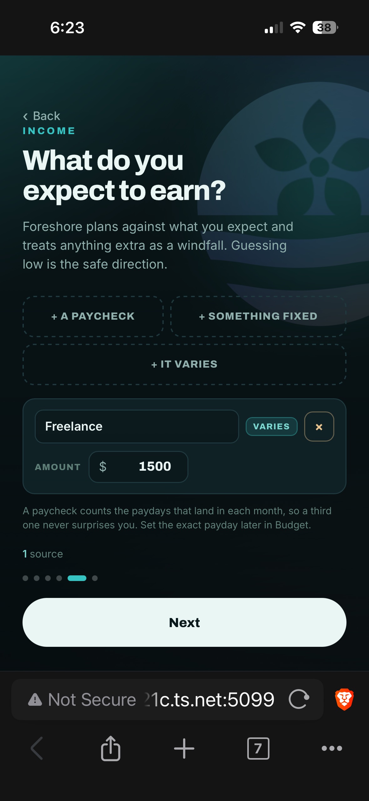 Onboarding — entering expected income, which the app plans against.