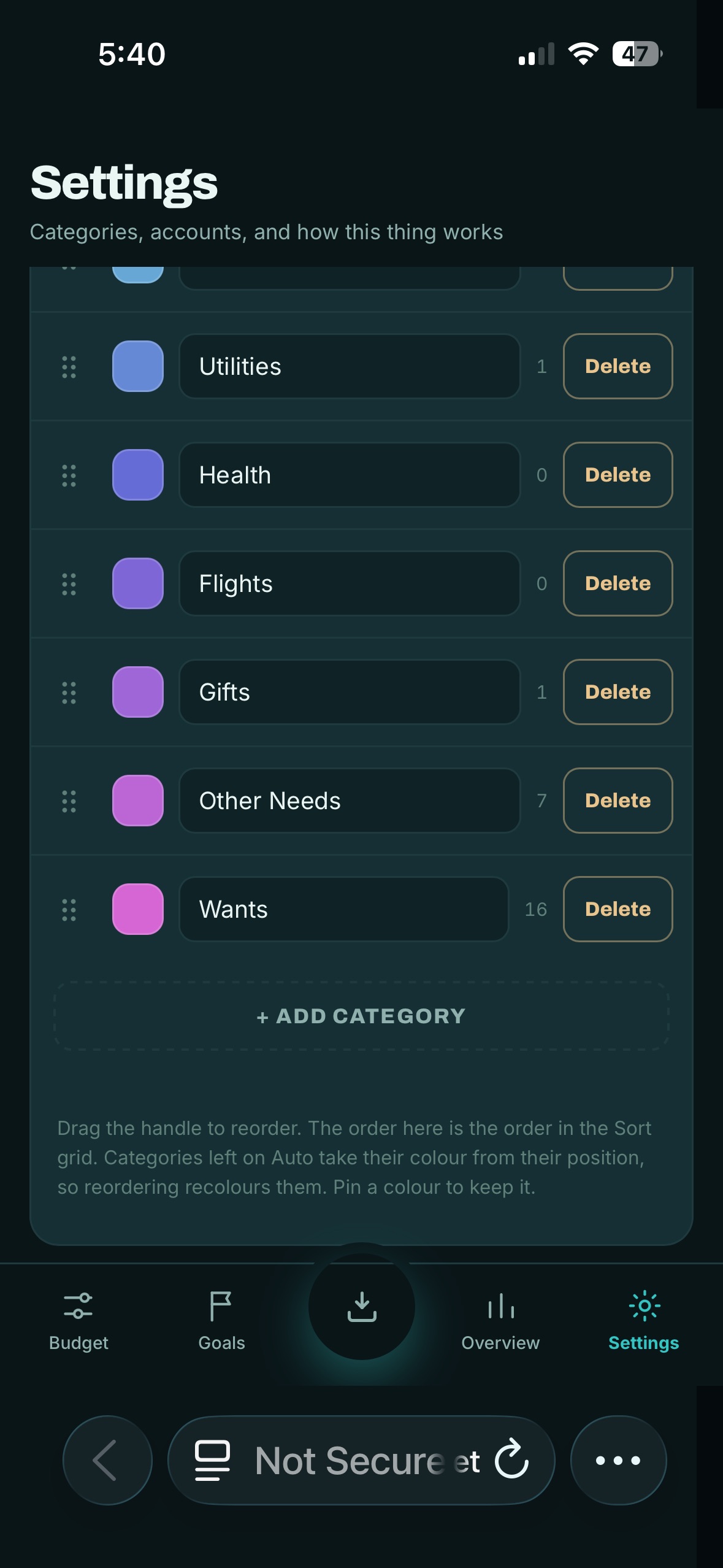 Settings — the category list, whose colours drive the Sort grid ordering.