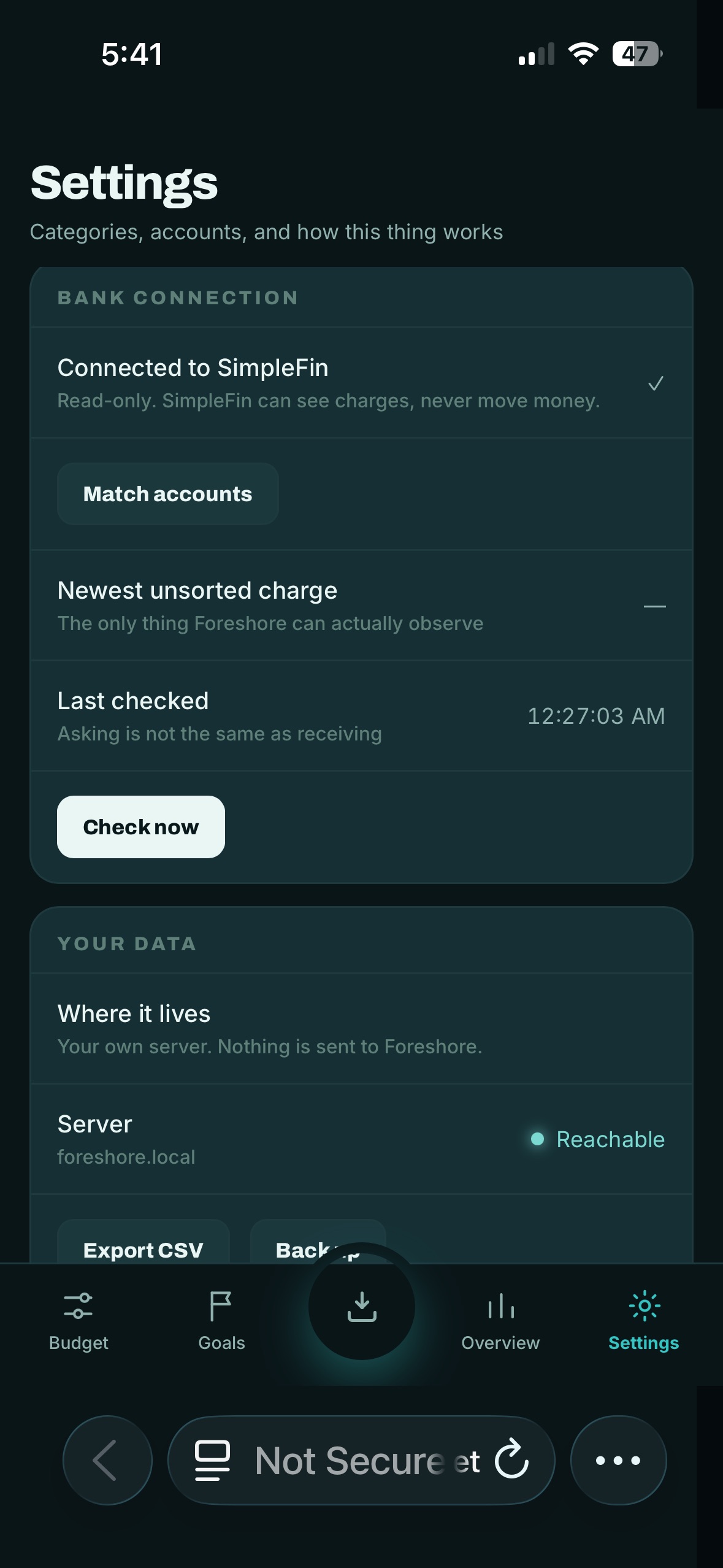 Settings — read-only bank connection and a self-hosted server shown as reachable.