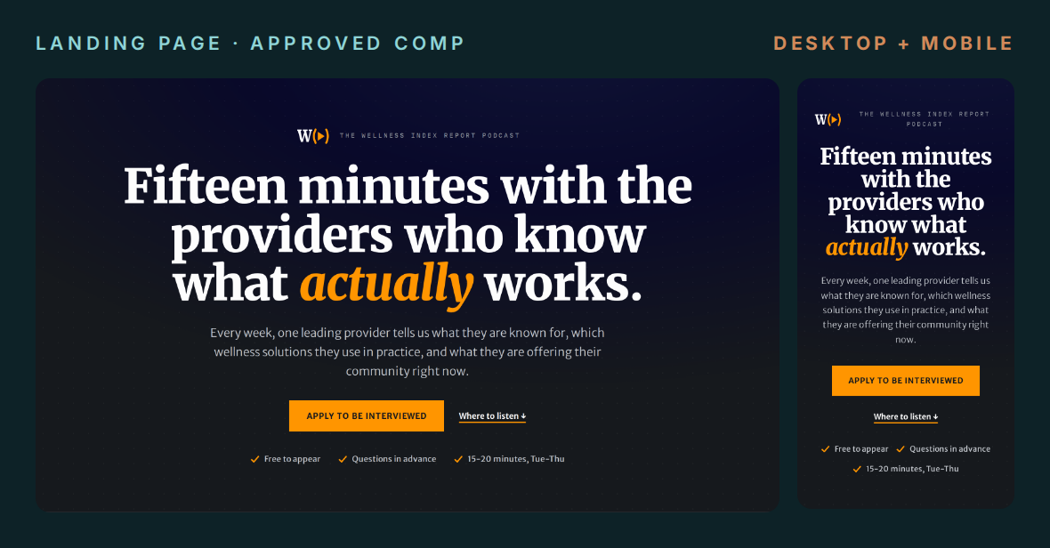The approved landing page comp for the Wellness Index Report podcast, desktop and mobile hero sections.
