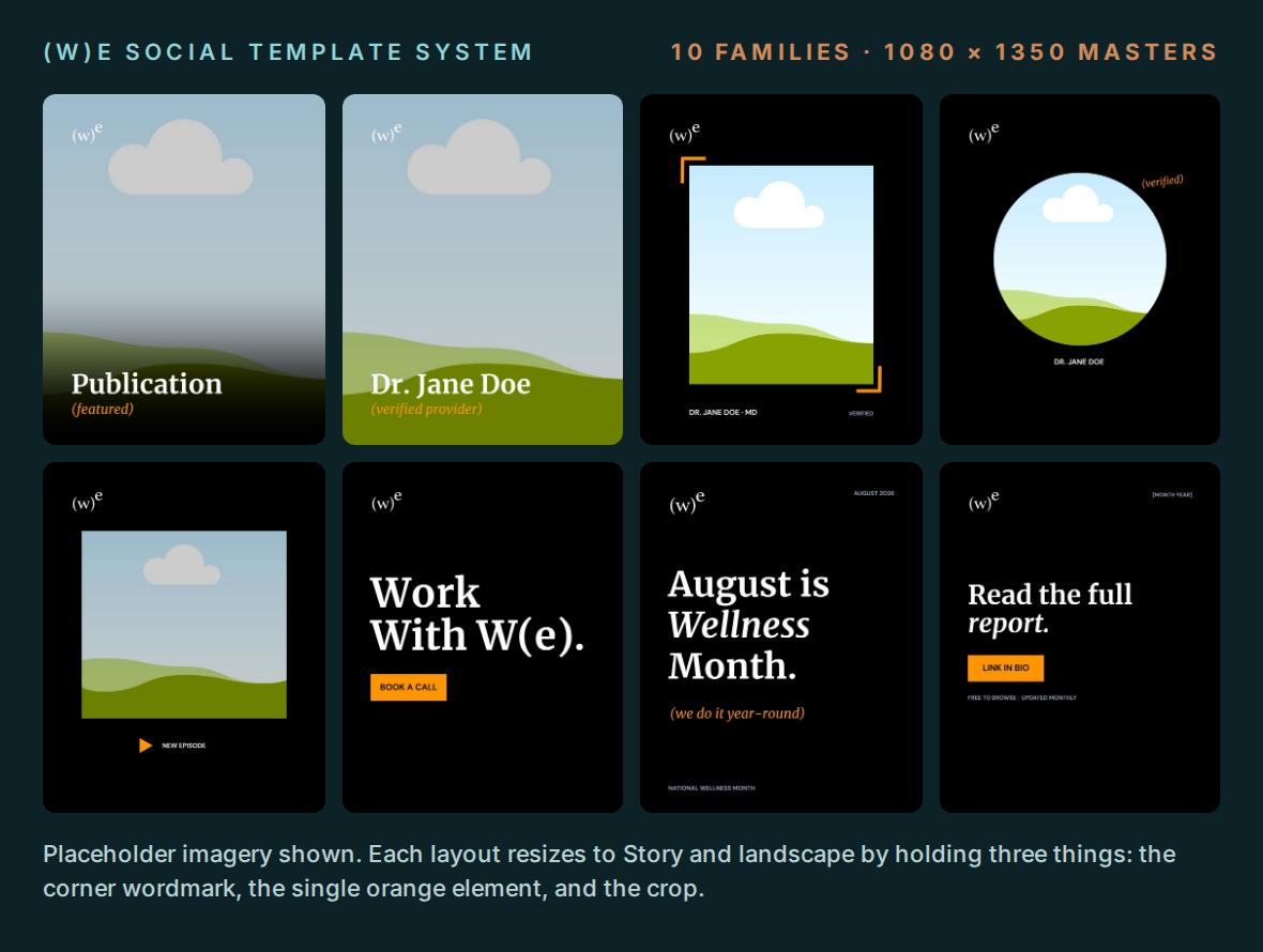 Eight social templates from the (w)e system, shown with placeholder imagery and a placeholder name.